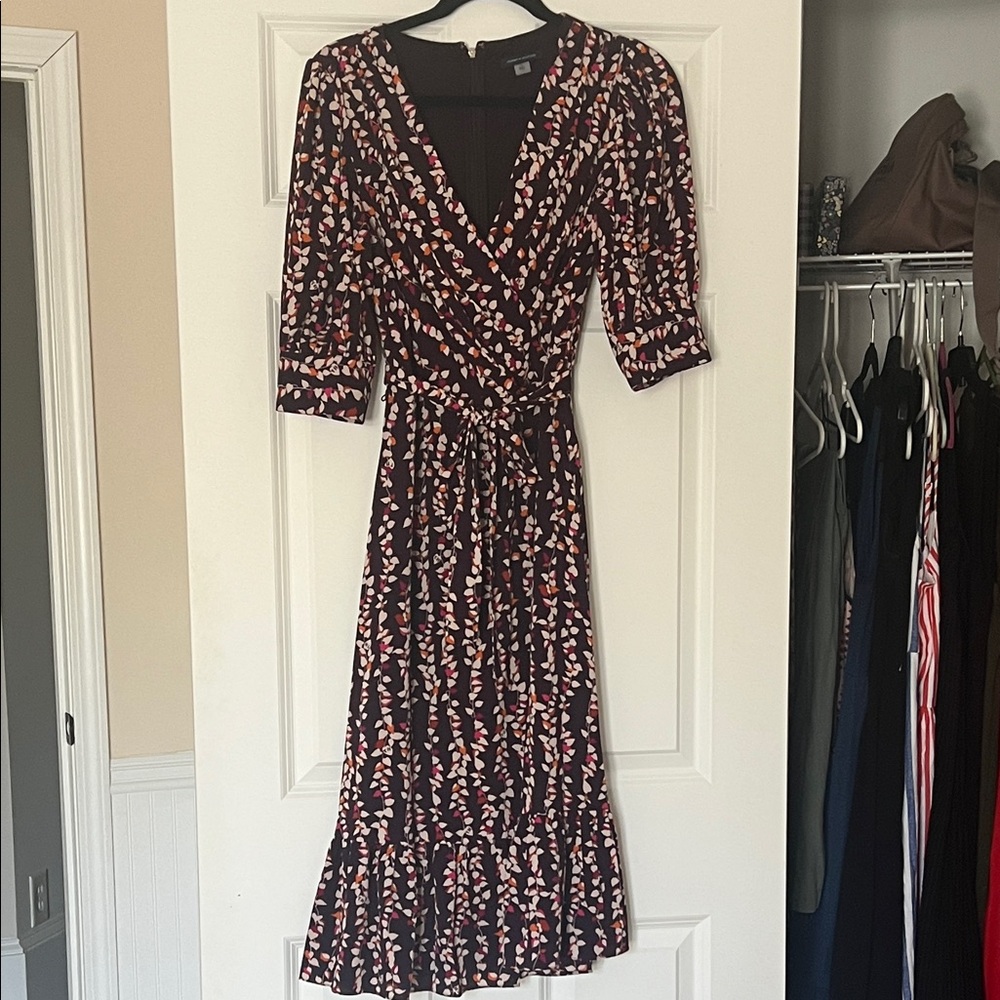 Tommy Hilfiger Burgundy Floral Wrap Midi Dress with Tie Waist